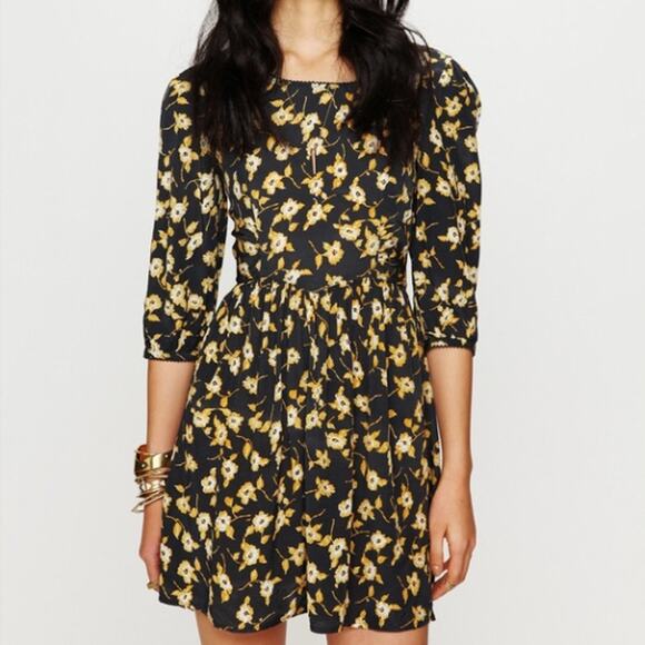 Free People Floral Mini Dress Tie Back Navy Blue Yellow 8 - Picture 1 of 5